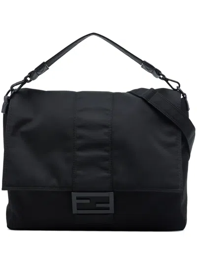 Pre-owned Fendi 2010-2026 Nylon Baguette Messenger Bag Satchel In Black