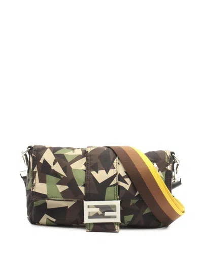 Pre-owned Fendi 2010-2026 Nylon Camouflage Convertible Baguette Satchel In Green