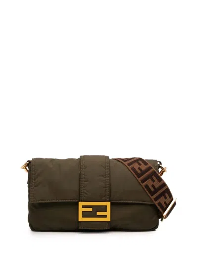 Pre-owned Fendi 2010-2026 Nylon Convertible Baguette Satchel In Brown