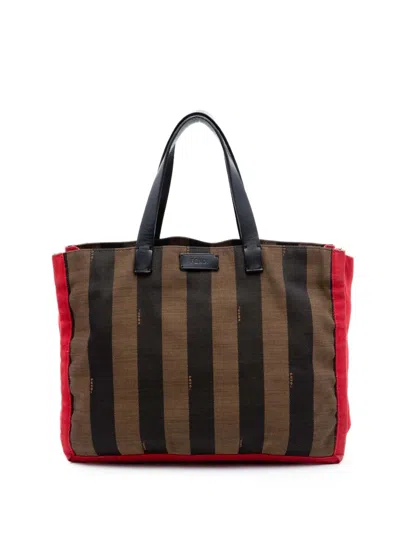 Pre-owned Fendi 2010-2026 Pequin Canvas Simply Shopping Tote Bag In Brown