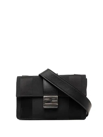 Pre-owned Fendi 2010-2026 Pequin Nylon Convertible Baguette Pouch Crossbody Bag In Black