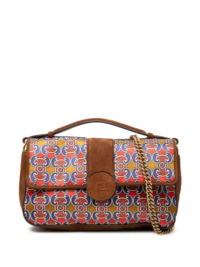 Pre-owned Fendi 2010-2026 Printed Satin And Suede Double F Baguette Satchel In Brown