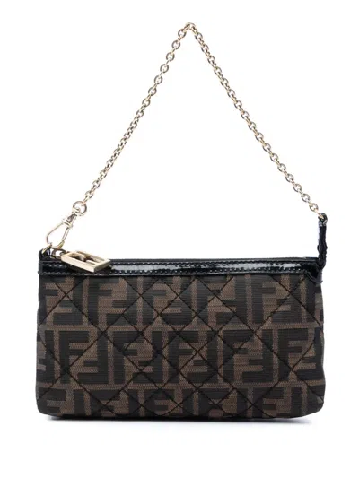 Pre-owned Fendi 2010-2026 Quilted Zucca Canvas Chain Pochette Shoulder Bag In Brown