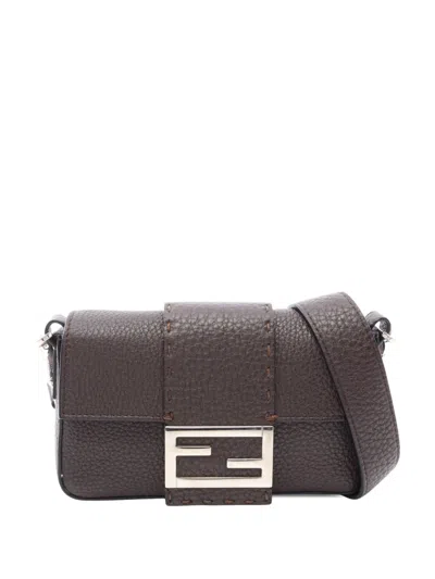 Pre-owned Fendi 2010-2026 Selleria Calfskin Convertible Baguette Crossbody Bag In Brown