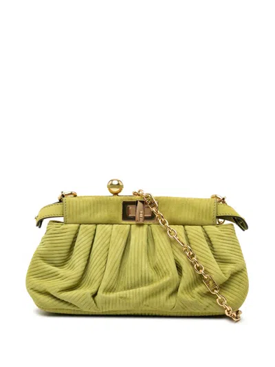 Pre-owned Fendi 2010-2026 Small Embossed Suede Peekaboo Click Clutch On Chain Shoulder Bag In Green