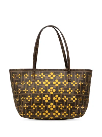 Pre-owned Fendi 2010-2026 Small Perforated Zucca Spalmati Roll Tote Bag In Brown
