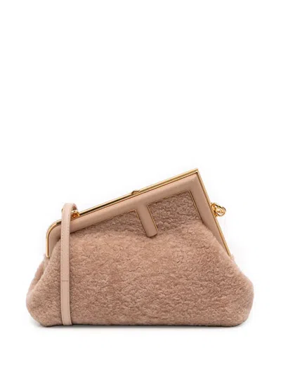 Pre-owned Fendi 2010-2026 Small Shearling  First Crossbody Bag In Brown
