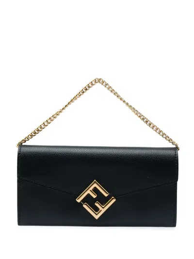 Pre-owned Fendi 2010-2026 Smooth And Grained Calfskin Vitello King Cruise Ff Diamonds Continental Envelope Wallet On In Black