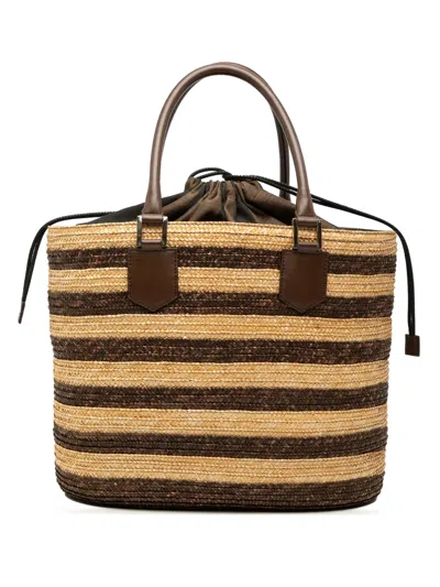 Pre-owned Fendi 2010-2026 Straw Pecan Striped Beach Tote Bag In Brown