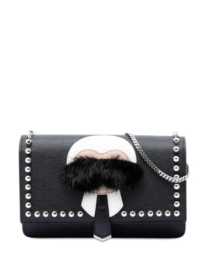 Pre-owned Fendi 2010-2026 Studded Leather Karlito Wallet On Chain Crossbody Bag In Black