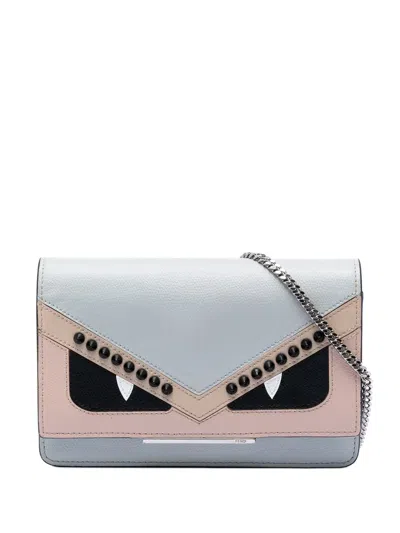 Pre-owned Fendi 2010-2026 Studded Leather Monster Eyes Tube Wallet On Chain Crossbody Bag In Blue