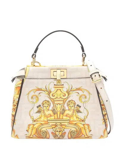 Pre-owned Fendi 2010-2026 Versace Fendace Mini Zucca Leather Baroque Print Peekaboo Satchel In White