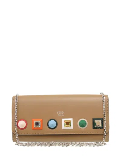 Pre-owned Fendi 2010-2026 Vitello Liberty Studded Continental Wallet With Chain Crossbody Bag In Brown