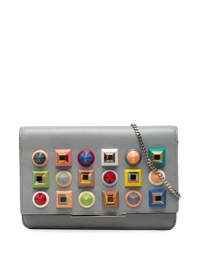 Pre-owned Fendi 2010-2026 Vitello Liberty Studded Leather Tube Wallet On Chain Crossbody Bag In Grey