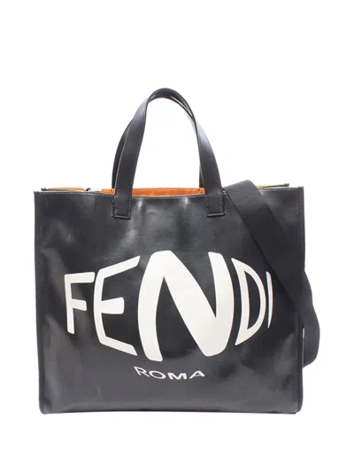 Pre-owned Fendi 2010-2026 X Sarah Coleman Fisheye Logo Coated Canvas Shopping Tote Satchel In Black