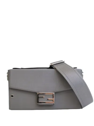 Pre-owned Fendi 2010-2026 Zucca Calfskin Soft Trunk Baguette Satchel In Gray