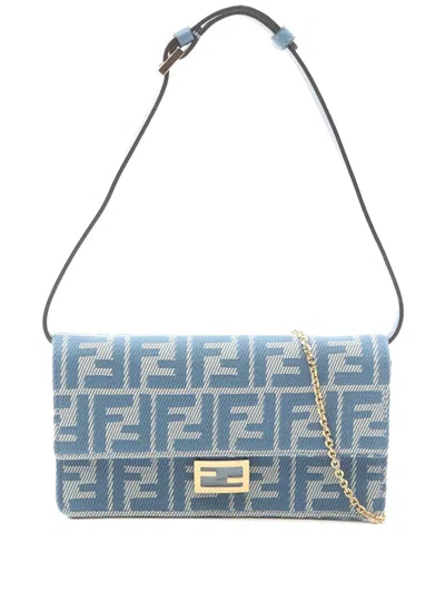 Pre-owned Fendi 2010-2026 Zucca Canvas Baguette Wallet On Chain Satchel In Blue