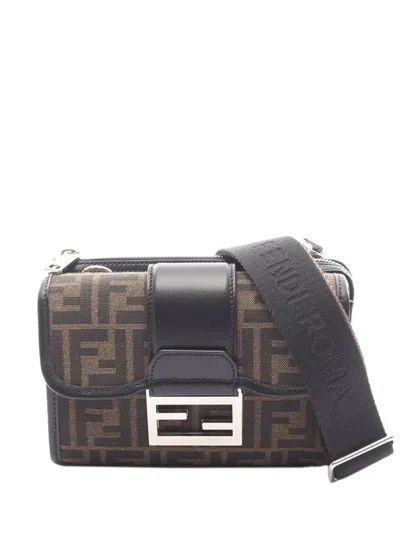 Pre-owned Fendi 2010-2026 Zucca Canvas Double Baguette Crossbody Bag In Brown