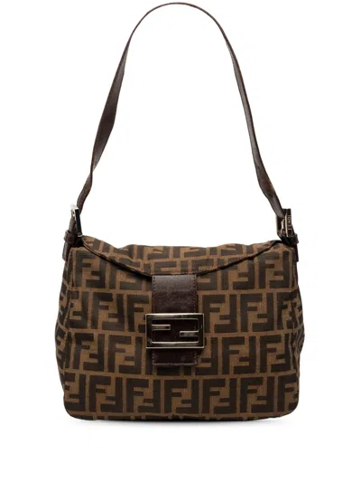 Pre-owned Fendi 2010-2026 Zucca Canvas Double Flap Shoulder Bag In Brown