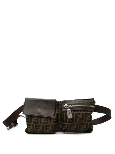 Pre-owned Fendi 2010-2026 Zucca Canvas Double Pocket Belt Bag In Brown