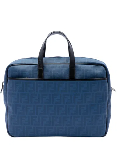 Pre-owned Fendi 2010-2026 Zucca Coated Canvas Business Bag In Blue