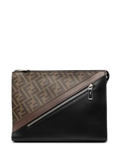 Pre-owned Fendi 2010-2026 Zucca Coated Canvas Diagonal Front Zip Clutch Bag In Brown
