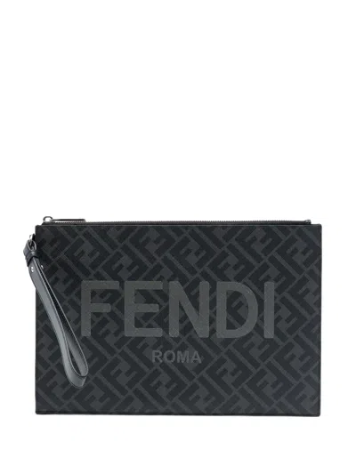 Pre-owned Fendi 2010-2026 Zucca Coated Canvas Ff 1974 Diagonal Logo Flat Pouch Clutch Bag In Grey