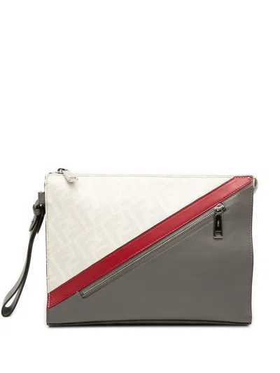Pre-owned Fendi 2010-2026 Zucca Coated Canvas Ff 1974 Diagonal Vitello Liberty Front Zip Clutch Bag In White