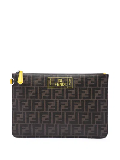 Pre-owned Fendi 2010-2026 Zucca Coated Canvas Roma Amor Zip Pouch Clutch Bag In Brown