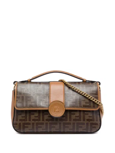 Pre-owned Fendi 2010-2026 Zucca Crystal Double F Baguette Satchel In Brown
