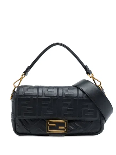 Pre-owned Fendi 2010-2026 Zucca Embossed Leather Baguette Satchel In Black