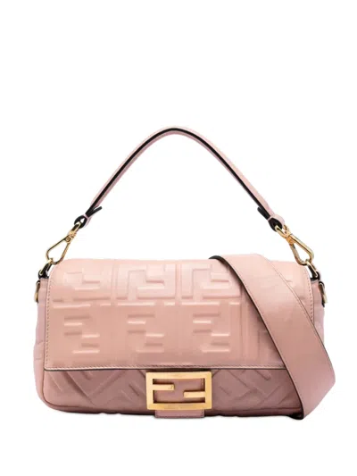 Pre-owned Fendi 2010-2026 Zucca Embossed Leather Baguette Satchel In Pink