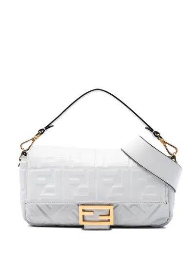 Pre-owned Fendi 2010-2026 Zucca Embossed Leather Baguette Satchel In White