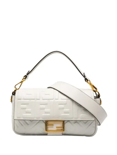 Pre-owned Fendi 2010-2026 Zucca Embossed Leather Baguette Satchel In White