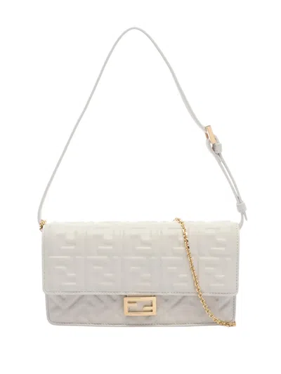 Pre-owned Fendi 2010-2026 Zucca Embossed Leather Baguette Wallet On Chain Satchel In White