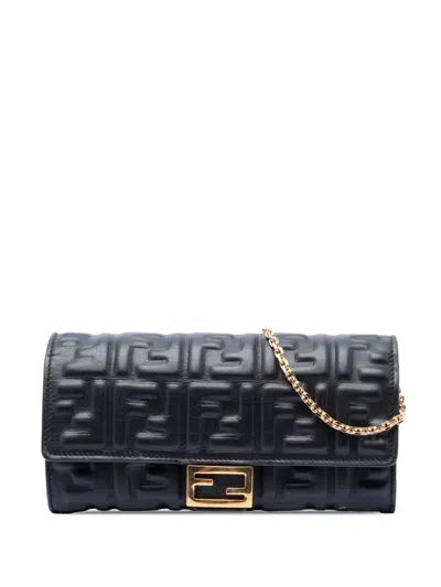Pre-owned Fendi 2010-2026 Zucca Embossed Nappa Baguette Continental Wallet With Chain Crossbody Bag In Black