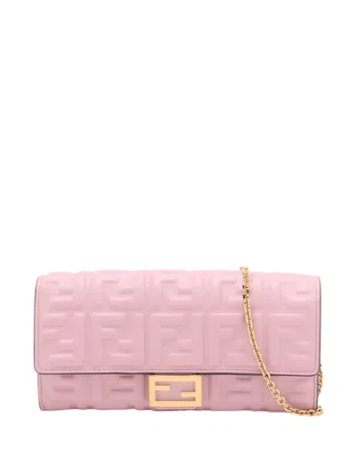 Pre-owned Fendi 2010-2026 Zucca Embossed Nappa Baguette Continental Wallet With Chain Crossbody Bag In Pink