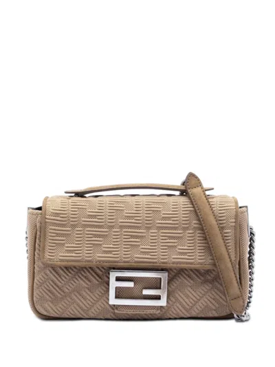 Pre-owned Fendi 2010-2026 Zucca Embossed Technical Fabric Chain Midi Baguette Shoulder Bag In Neutral