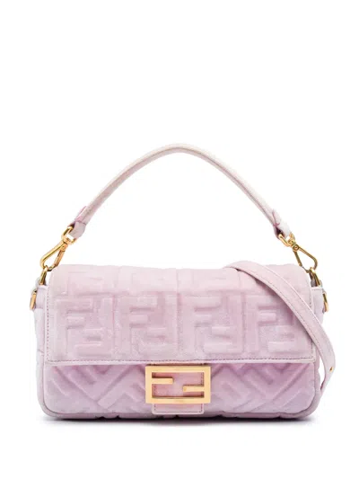 Pre-owned Fendi 2010-2026 Zucca Embossed Velvet Baguette Satchel In Pink