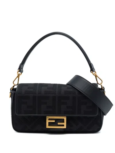 Pre-owned Fendi 2010-2026 Zucca Embroidered Canvas Baguette Satchel In Black