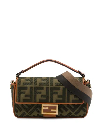 Pre-owned Fendi 2010-2026 Zucca Embroidered Canvas Baguette Satchel In Green