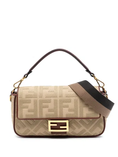 Pre-owned Fendi 2010-2026 Zucca Embroidered Canvas Baguette Satchel In Neutral