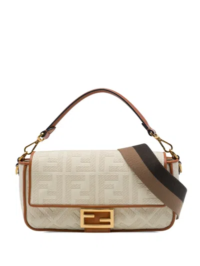 Pre-owned Fendi 2010-2026 Zucca Embroidered Canvas Baguette Satchel In Neutrals
