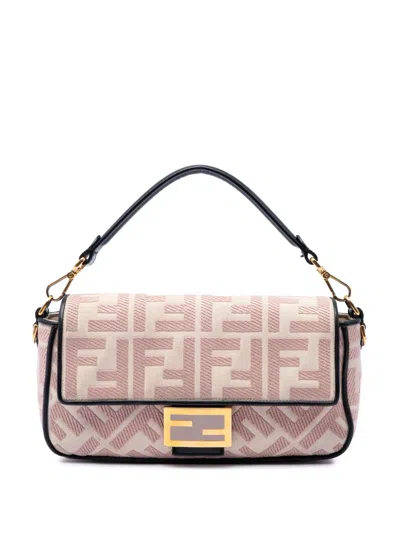 Pre-owned Fendi 2010-2026 Zucca Embroidered Canvas Baguette Satchel In Pink