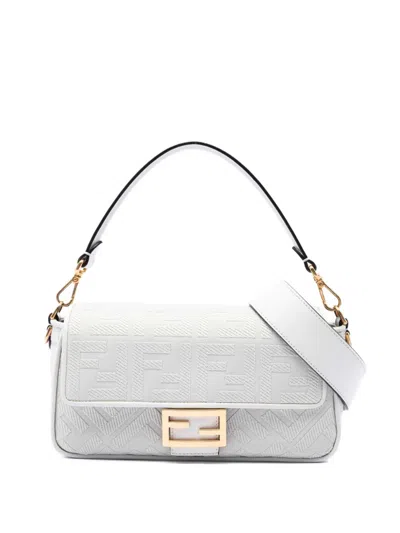 Pre-owned Fendi 2010-2026 Zucca Embroidered Canvas Baguette Satchel In White