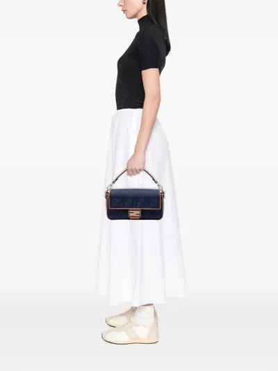 Pre-owned Fendi 2010-2026 Zucca Embroidered Denim Baguette Satchel In Blue