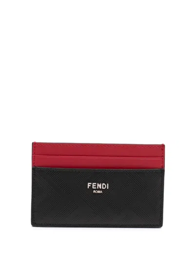 Pre-owned Fendi 2010-2026 Zucca Shadow Calfskin Colorblock Card Holder In Black