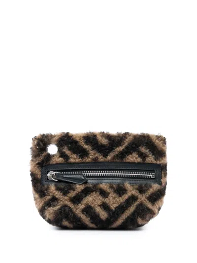 Pre-owned Fendi 2010-2026 Zucca Shearling Pyramid Pouch In Brown