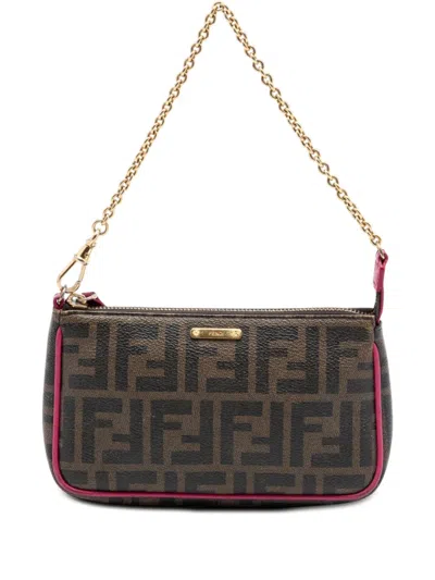 Pre-owned Fendi 2010-2026 Zucca Spalmati Chain Pochette Shoulder Bag In Brown