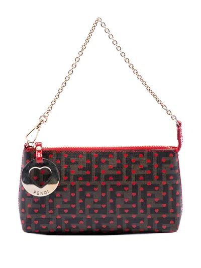Pre-owned Fendi 2010-2026 Zucca Spalmati Hearts Chain Pochette Shoulder Bag In Brown